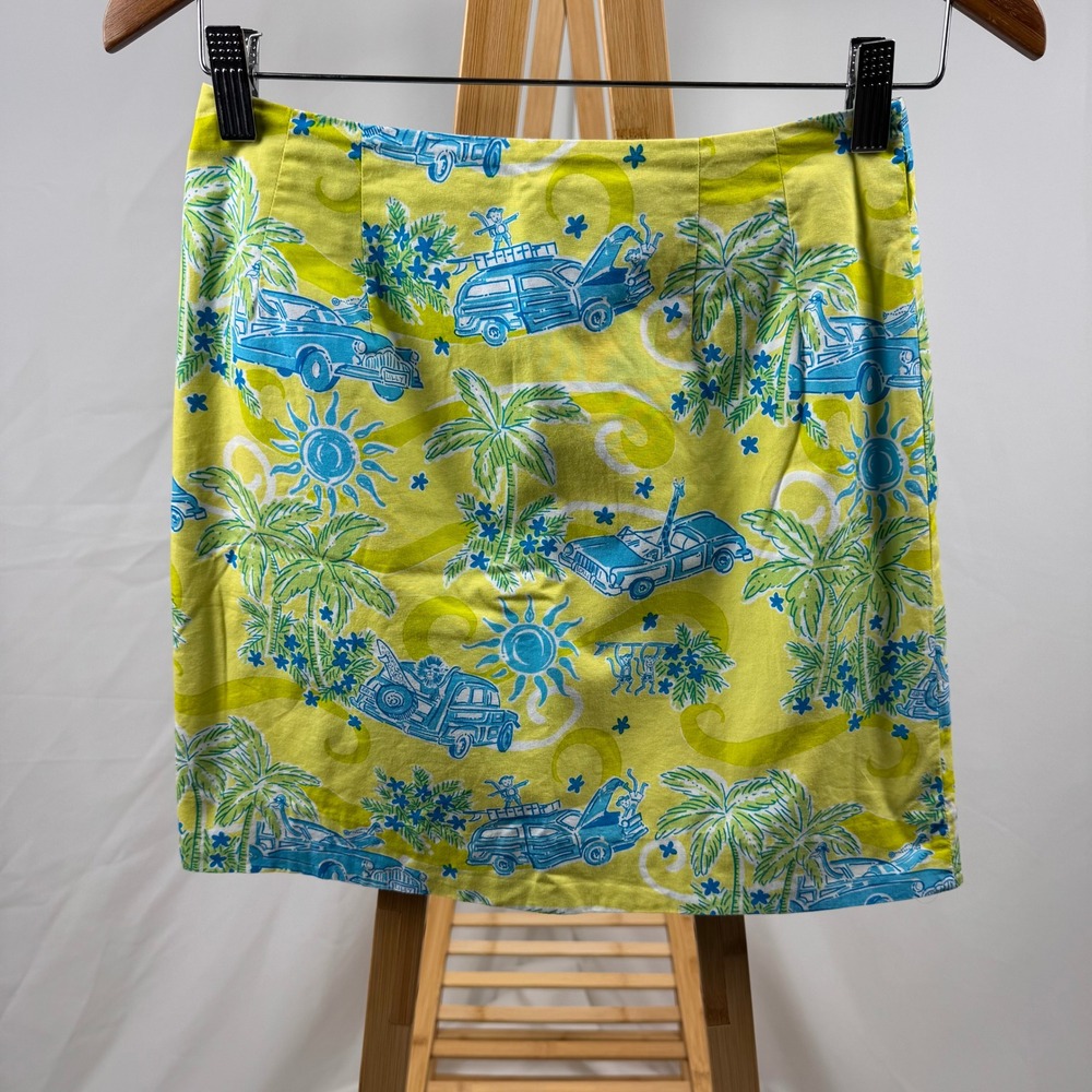 Lilly Pulitzer Mini Skirt Women 2P Yellow Blue Tropical Woodie Car Print A-Line